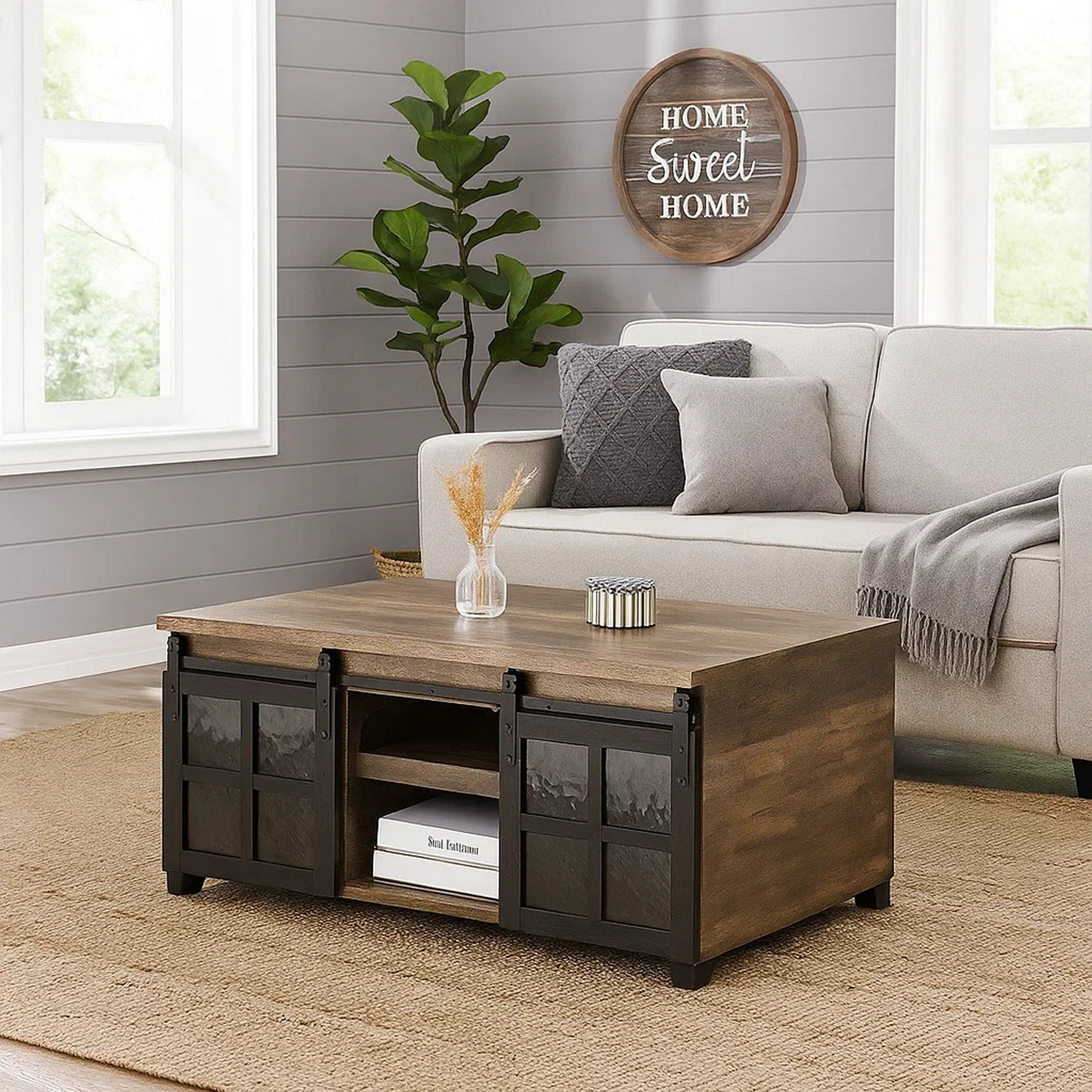 Benjara Coffee Table with 2 Barn Sliding Glass Doors And Pull Out Tray, Brown