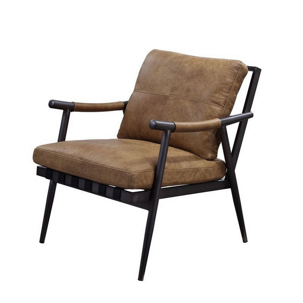 Benjara Accent Chair with Leatherette Seat And Tubular Frame, Brown