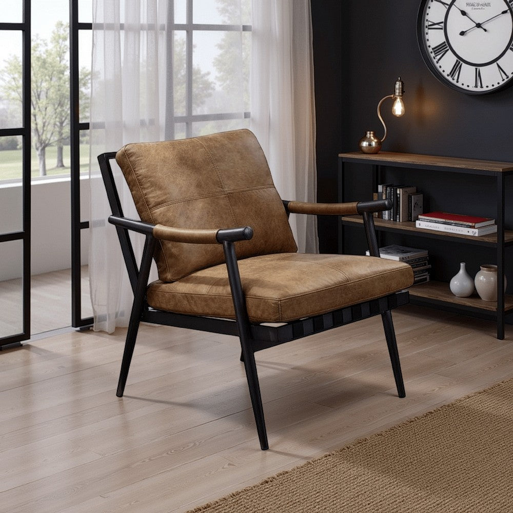Benjara Accent Chair with Leatherette Seat And Tubular Frame, Brown