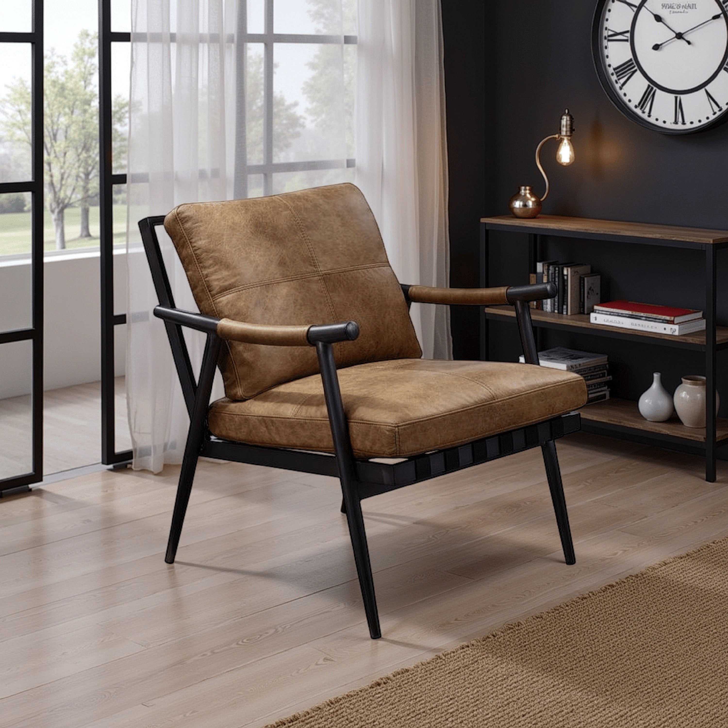 Benjara Accent Chair with Leatherette Seat And Tubular Frame, Brown