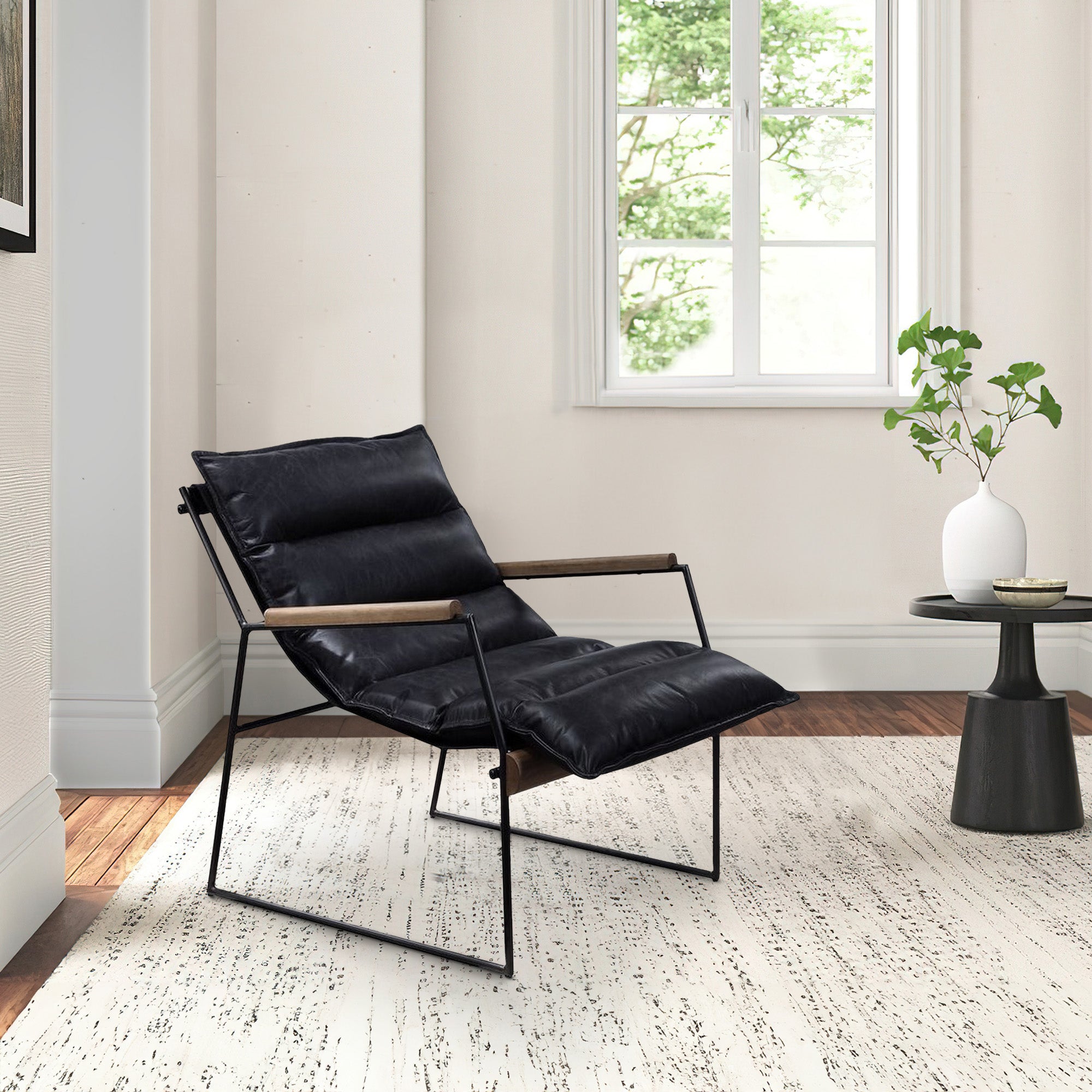 Benjara Accent Chair with Leatherette Seat And Metal Frame, Black