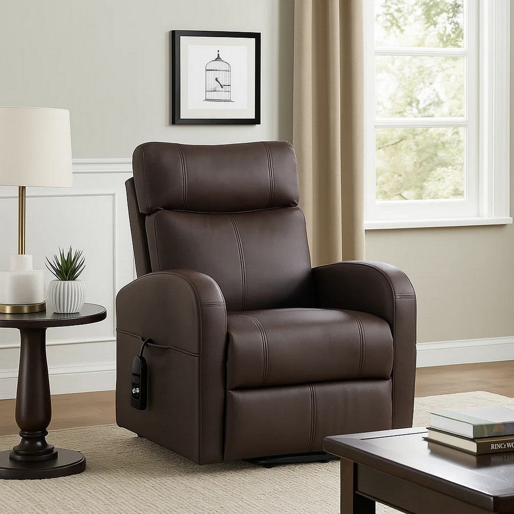 Benjara Power Lift Recliner Chair with Faux Leather And Wired Controller, Brown