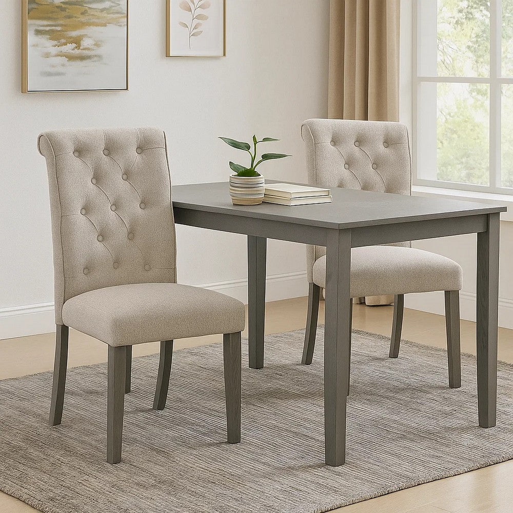 Benjara Side Chair with Button Tufted Backrest, Set of 2, Beige
