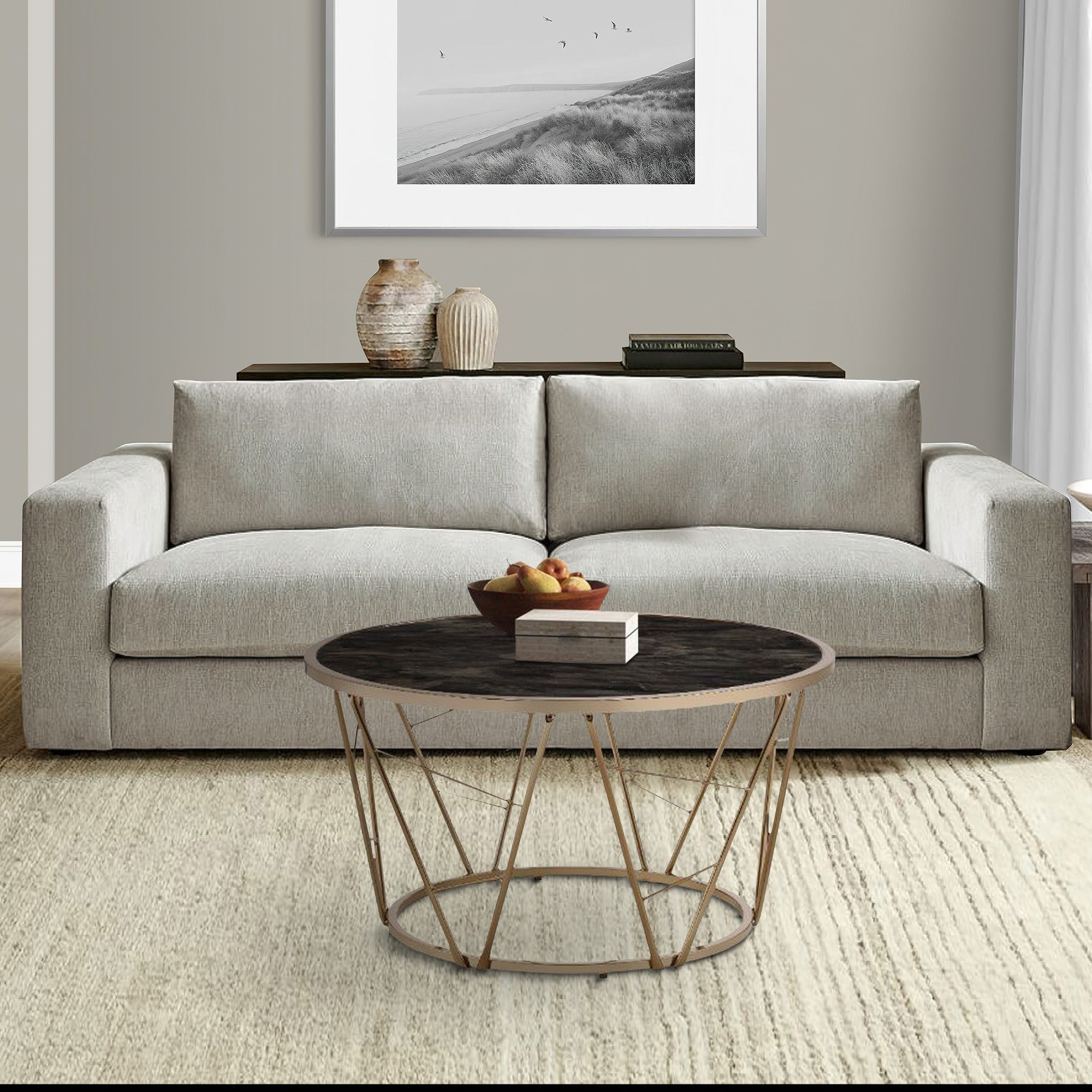 Benjara Coffee Table with Glass Top And Geometric Frame, Black And Gold