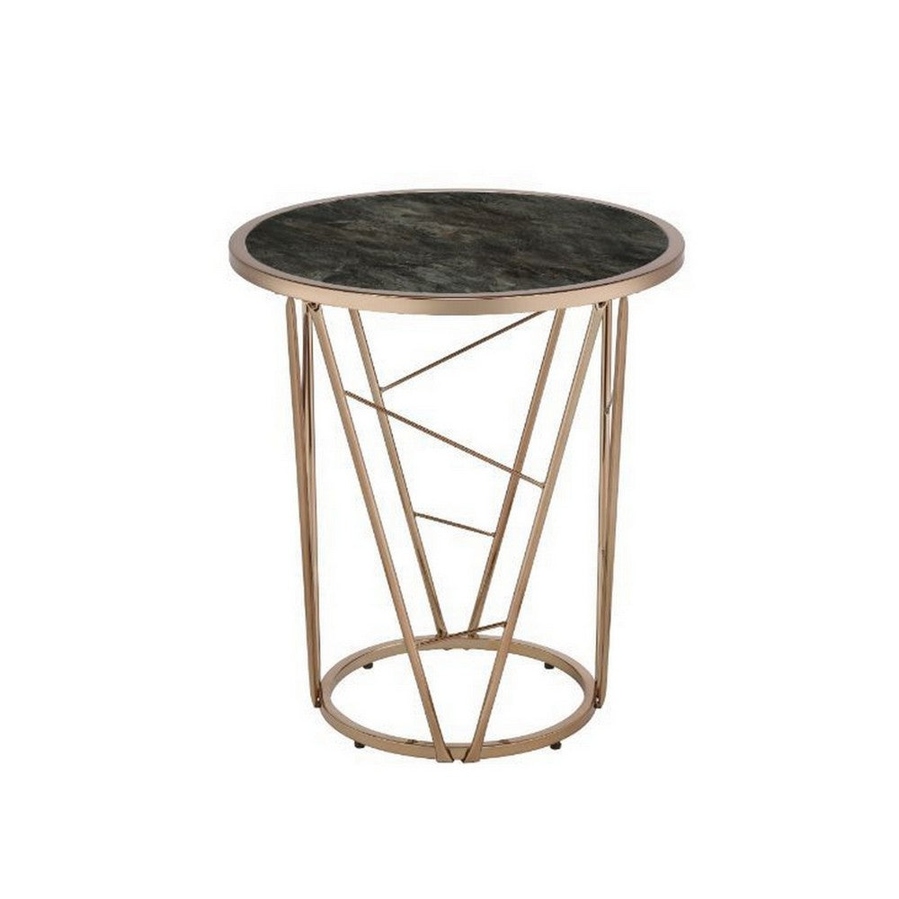 Benjara End Table with Glass Top And Geometric Frame, Black And Gold