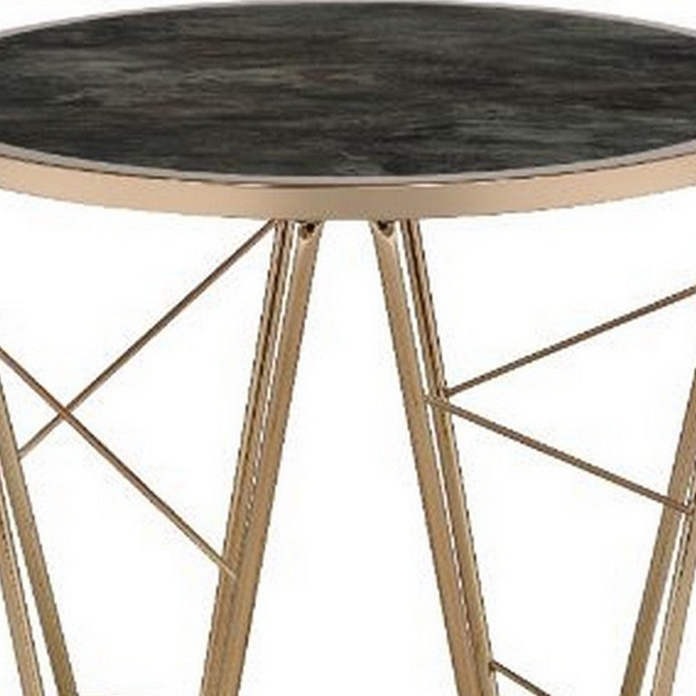 Benjara End Table with Glass Top And Geometric Frame, Black And Gold