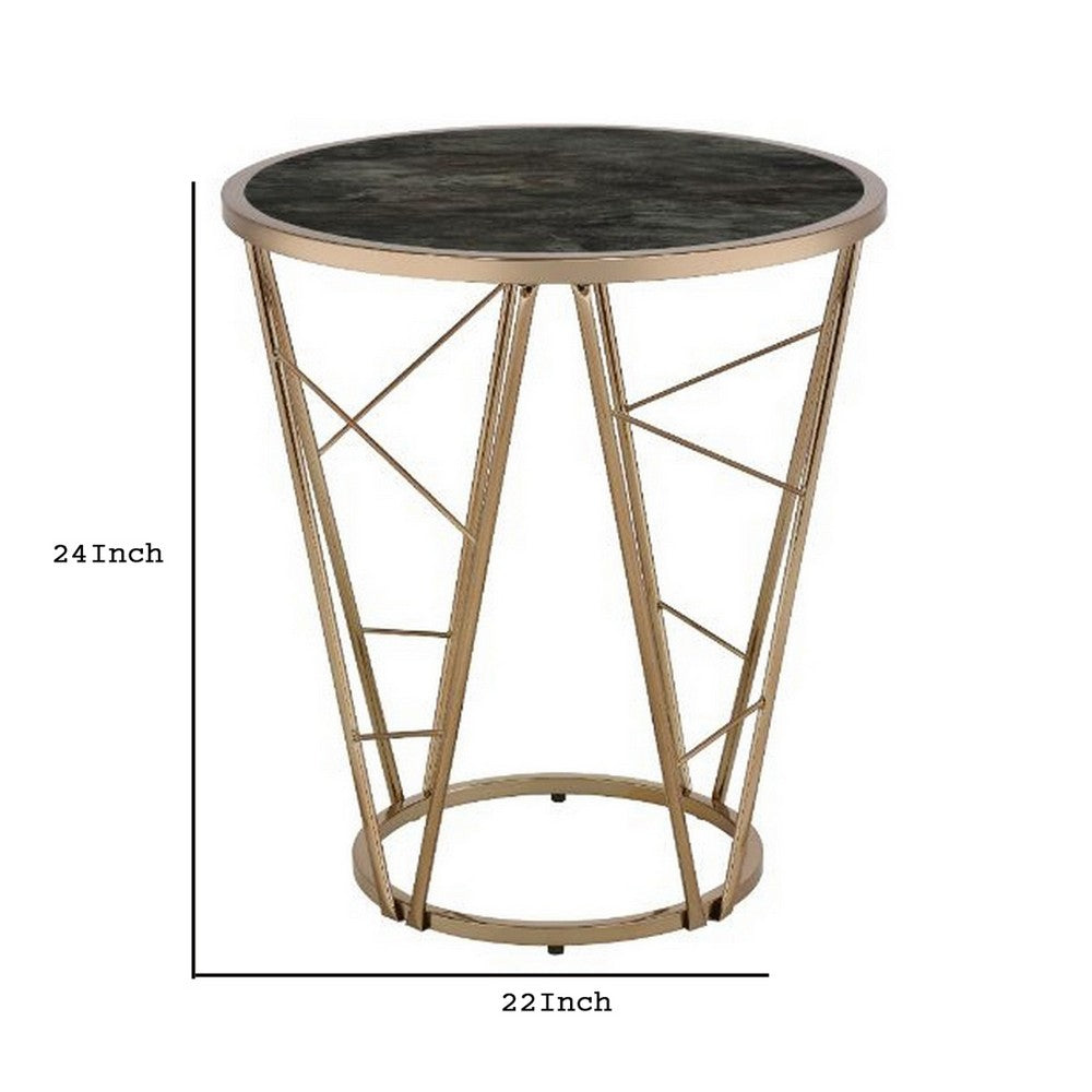 Benjara End Table with Glass Top And Geometric Frame, Black And Gold