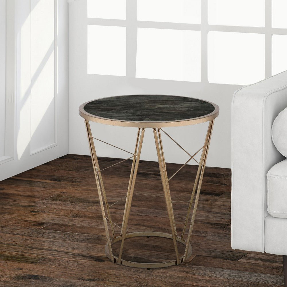 Benjara End Table with Glass Top And Geometric Frame, Black And Gold