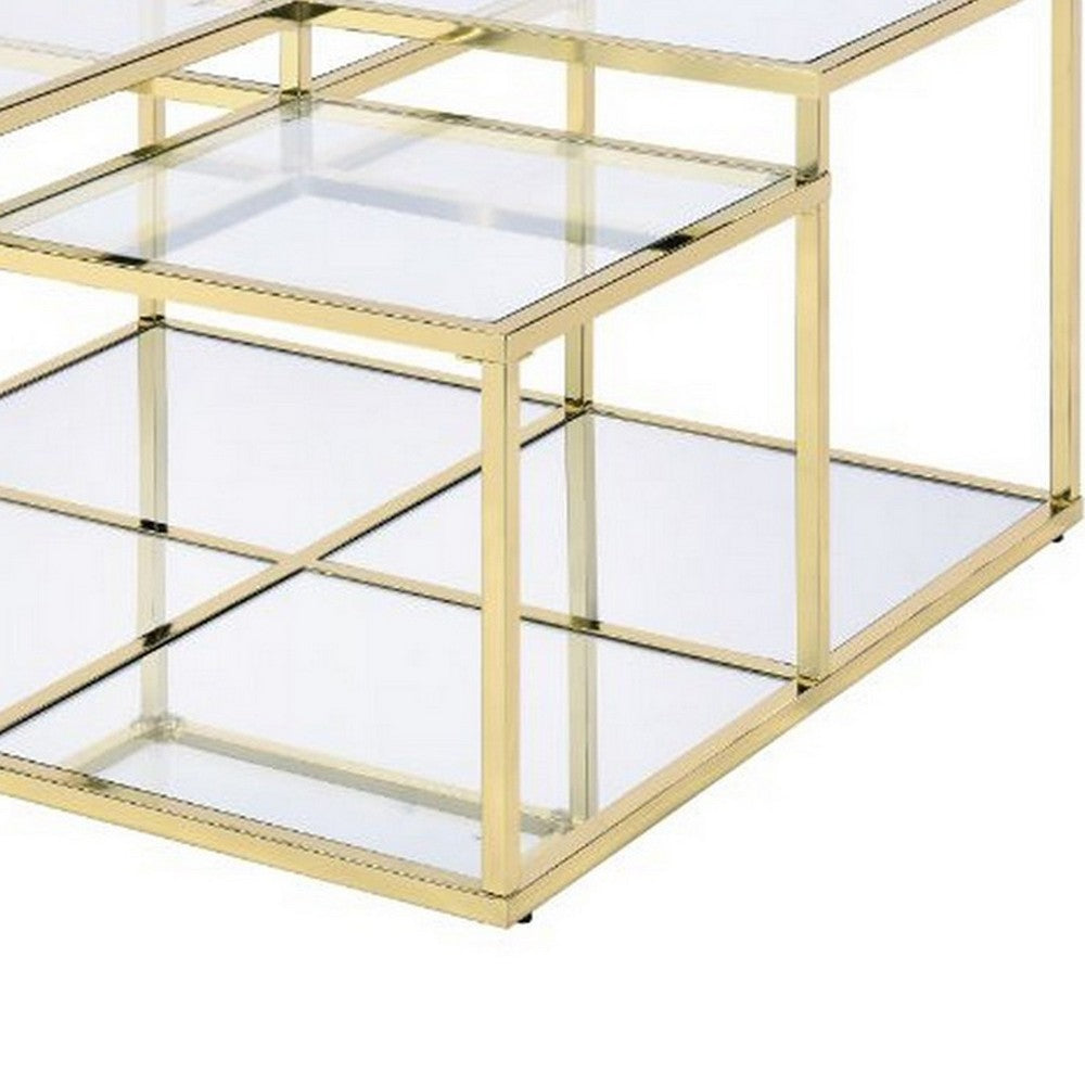 Benjara Coffee Table with Glass Top And Tubular Frame, Gold