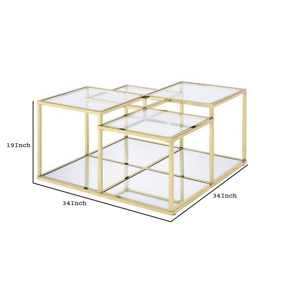 Benjara Coffee Table with Glass Top And Tubular Frame, Gold
