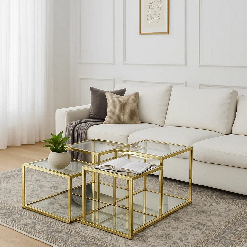 Benjara Coffee Table with Glass Top And Tubular Frame, Gold