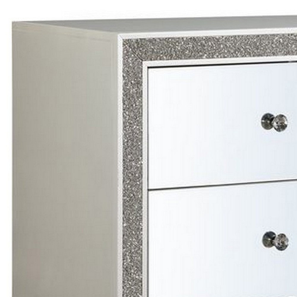 Benjara Nightstand with Mirrored Front 2 Drawers, Champagne Silver