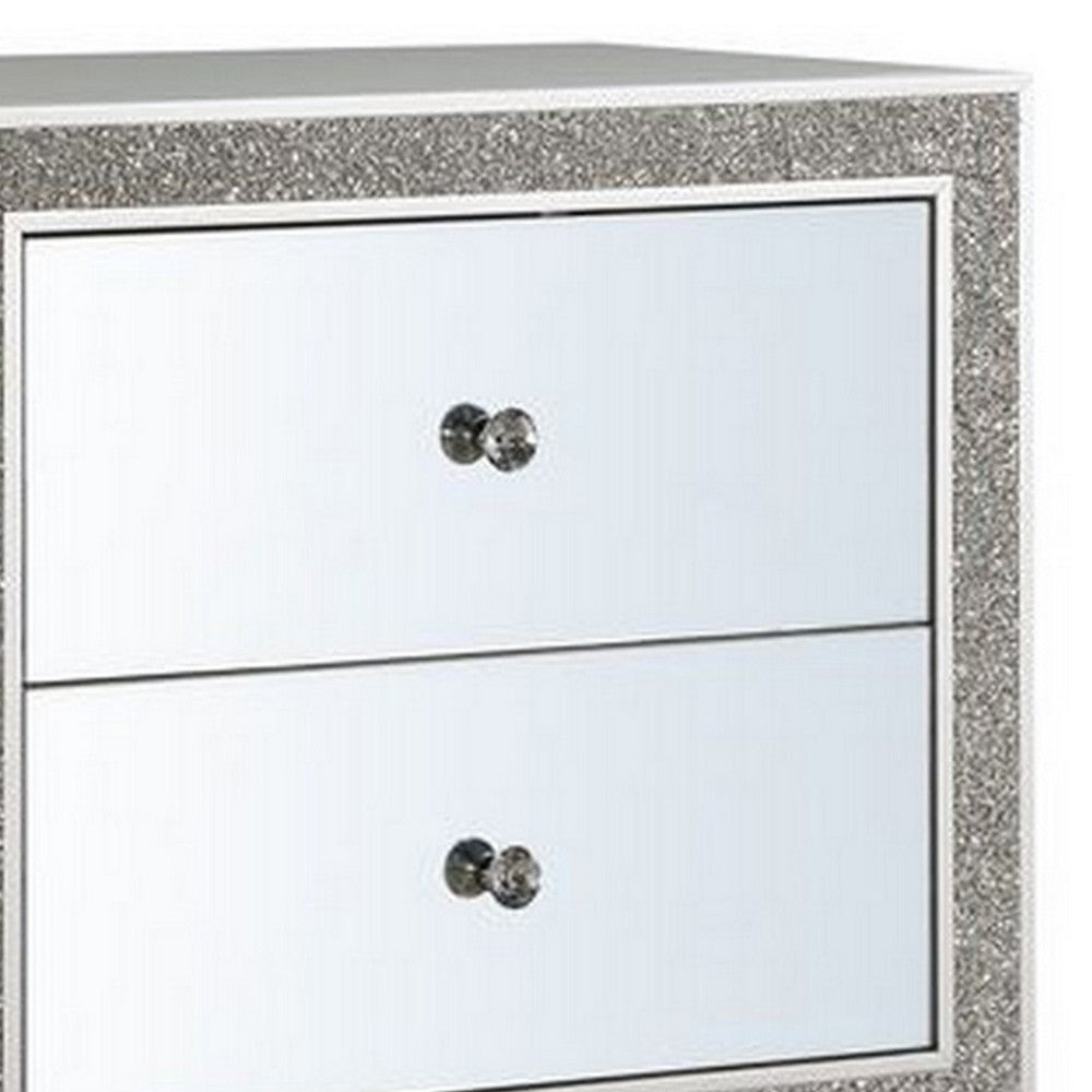 Benjara Nightstand with Mirrored Front 2 Drawers, Champagne Silver