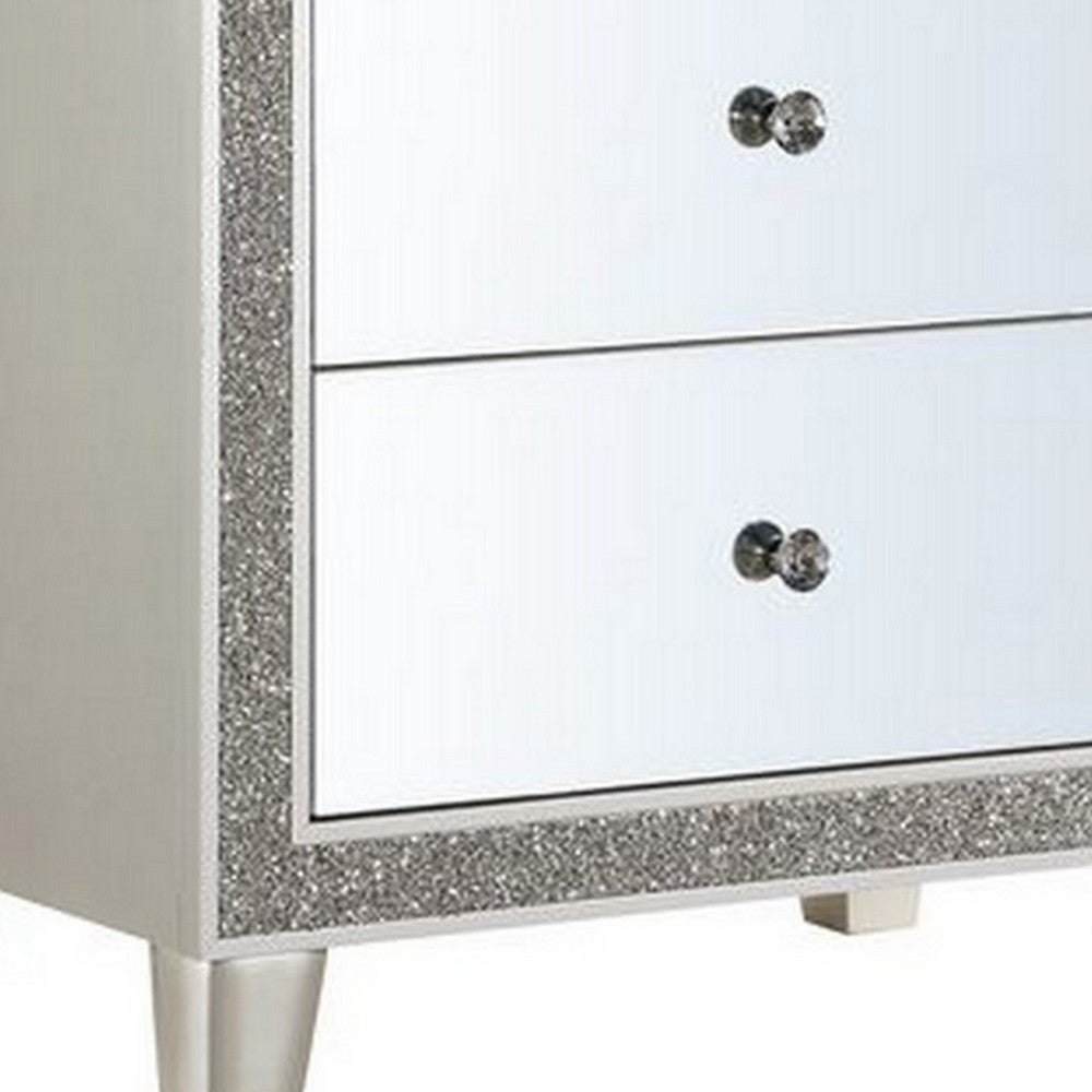 Benjara Nightstand with Mirrored Front 2 Drawers, Champagne Silver