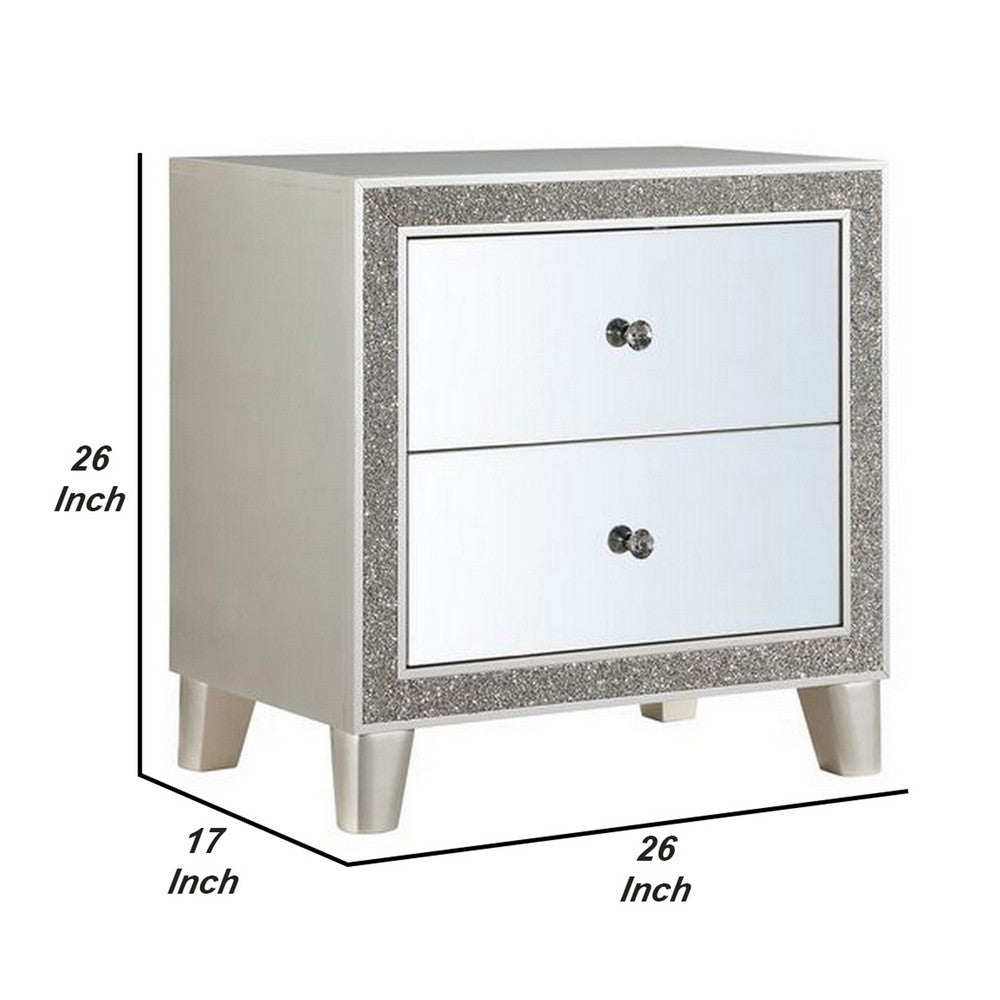 Benjara Nightstand with Mirrored Front 2 Drawers, Champagne Silver