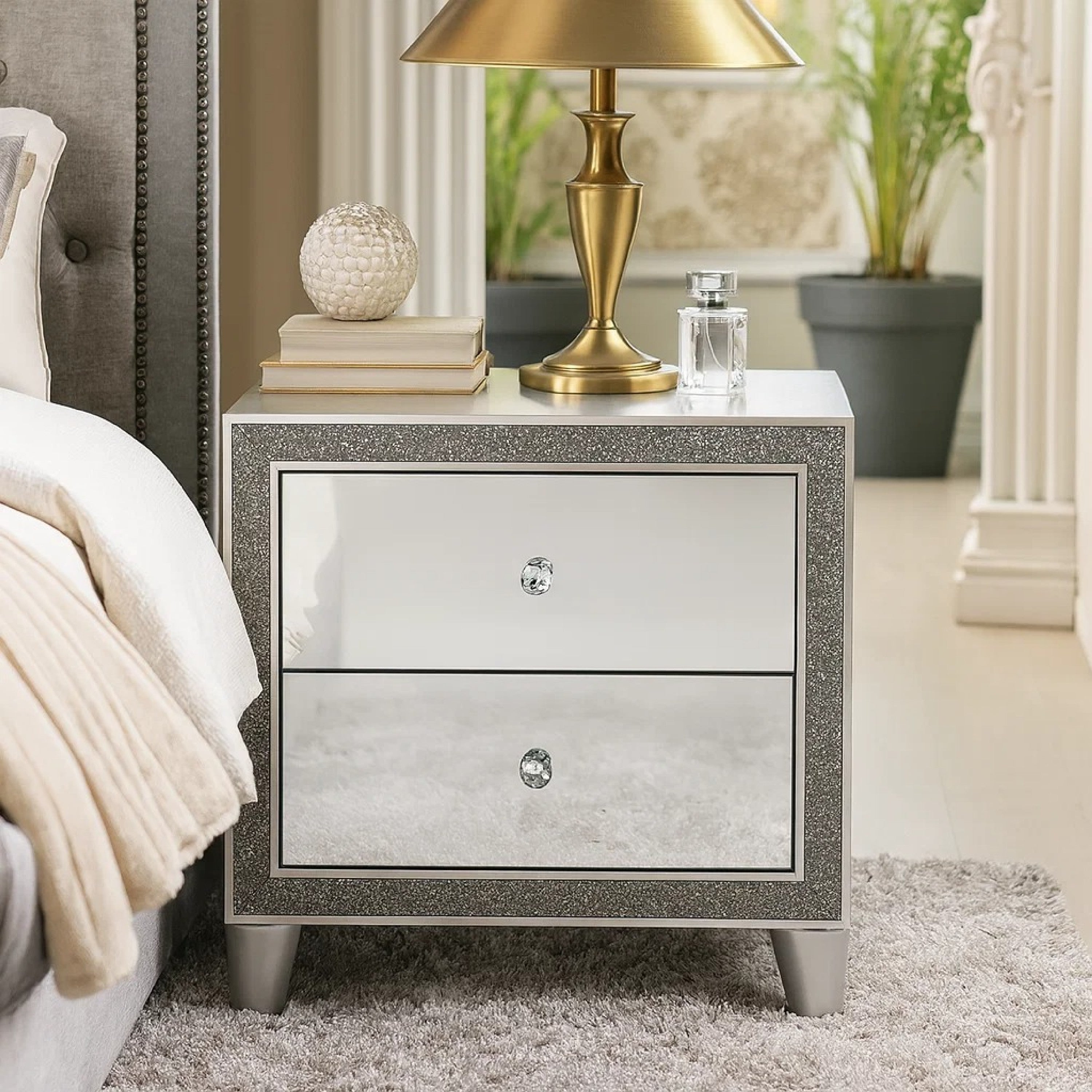 Benjara Nightstand with Mirrored Front 2 Drawers, Champagne Silver