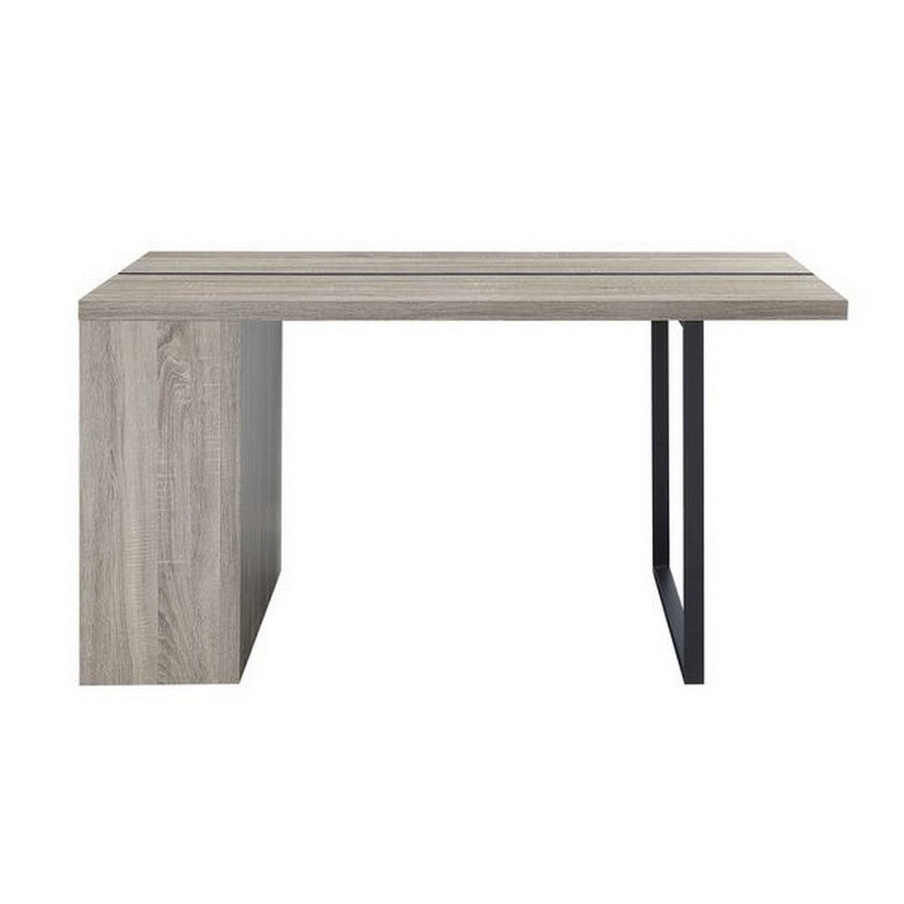 Benjara Dining Table with 3 Side Open Compartments And Metal Trim Inlay, Oak Gray