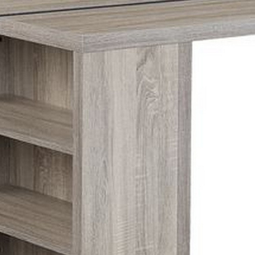 Benjara Dining Table with 3 Side Open Compartments And Metal Trim Inlay, Oak Gray