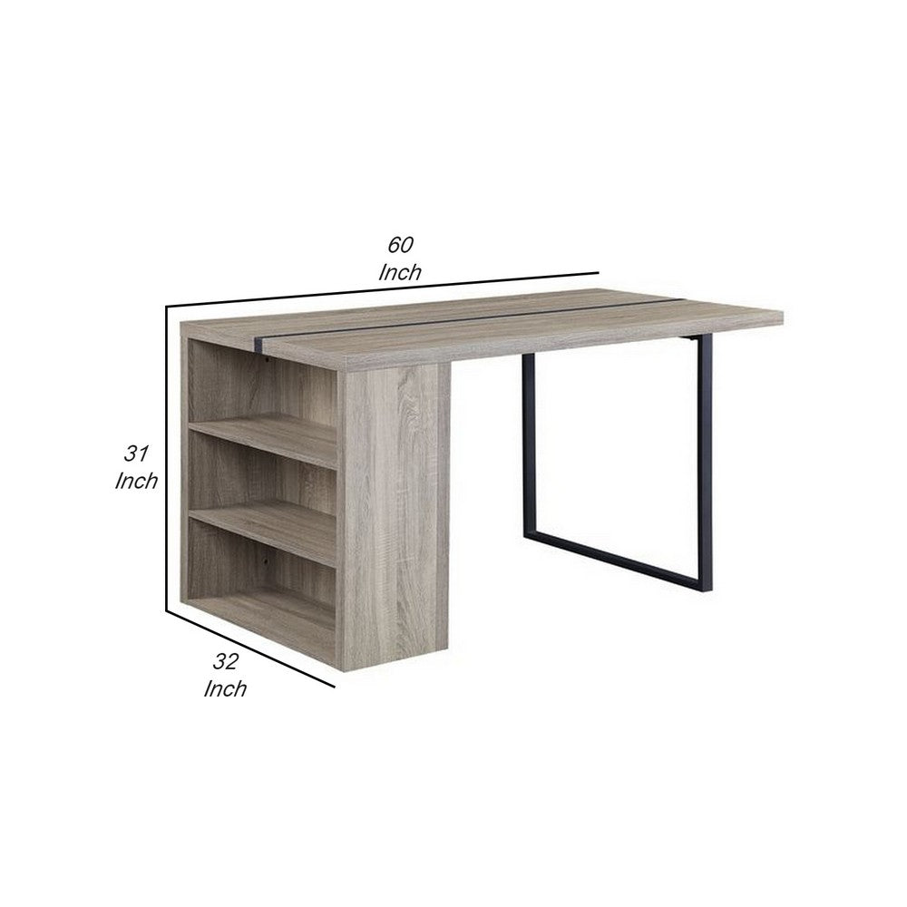 Benjara Dining Table with 3 Side Open Compartments And Metal Trim Inlay, Oak Gray