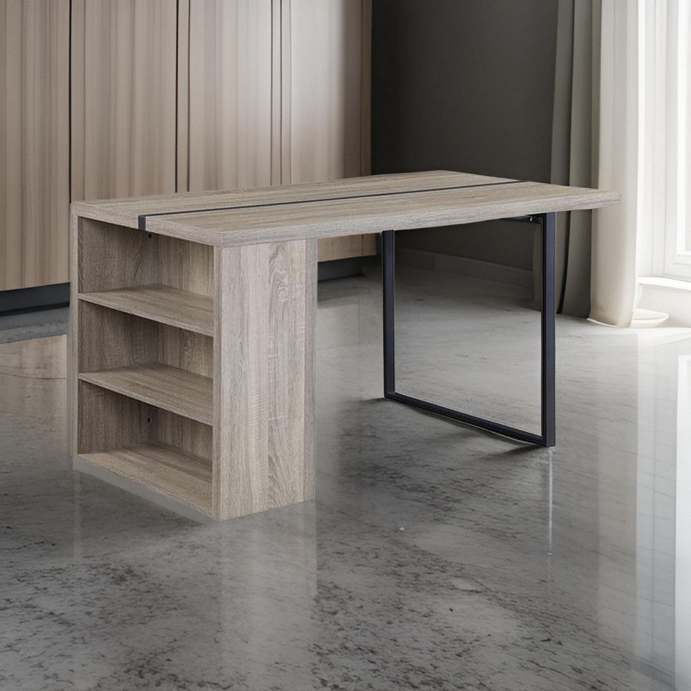 Benjara Dining Table with 3 Side Open Compartments And Metal Trim Inlay, Oak Gray
