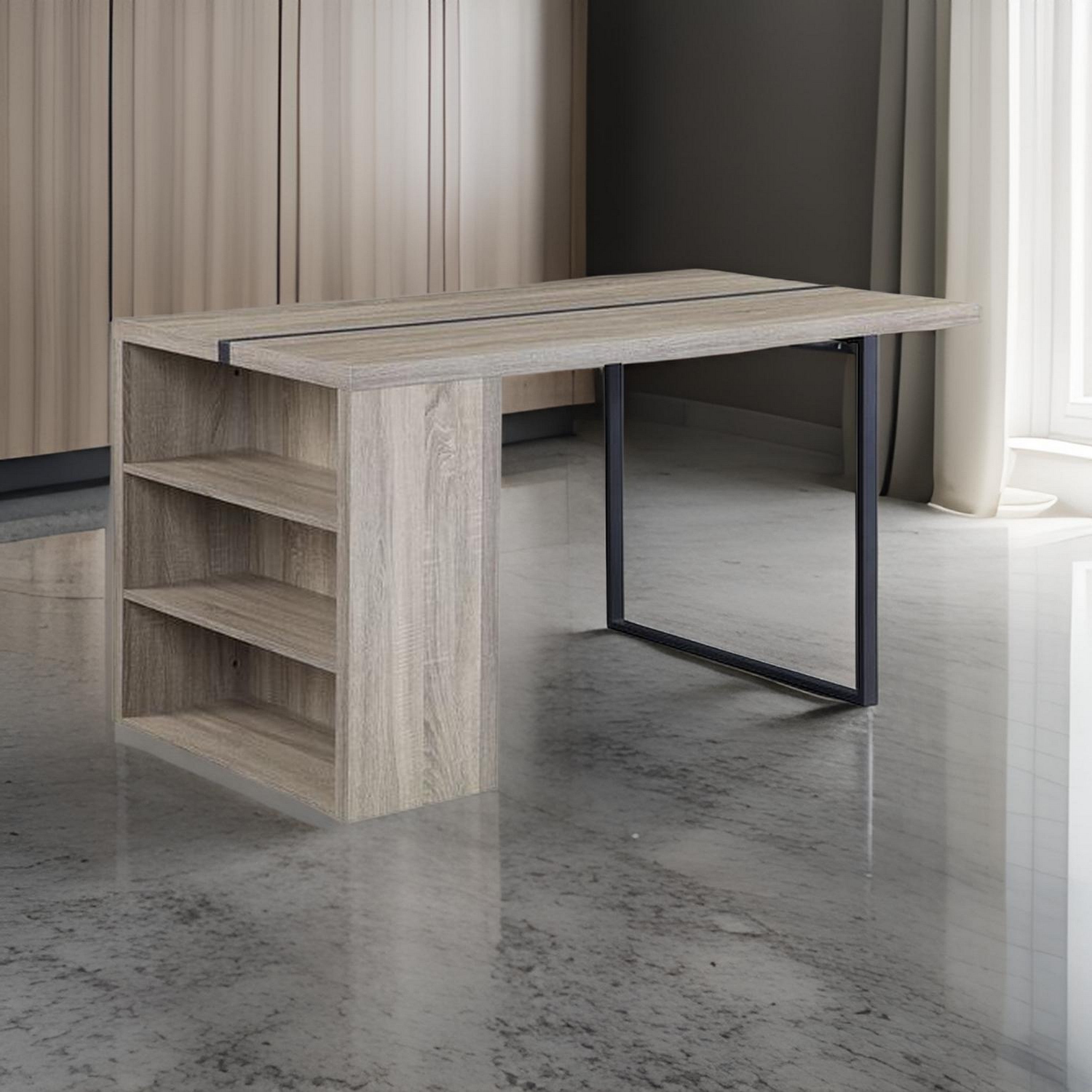 Benjara Dining Table with 3 Side Open Compartments And Metal Trim Inlay, Oak Gray