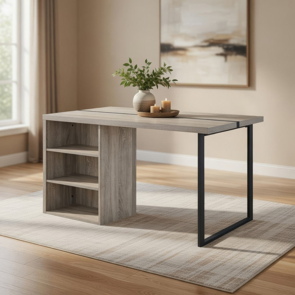 Benjara Dining Table with 3 Side Open Compartments And Metal Trim Inlay, Oak Gray