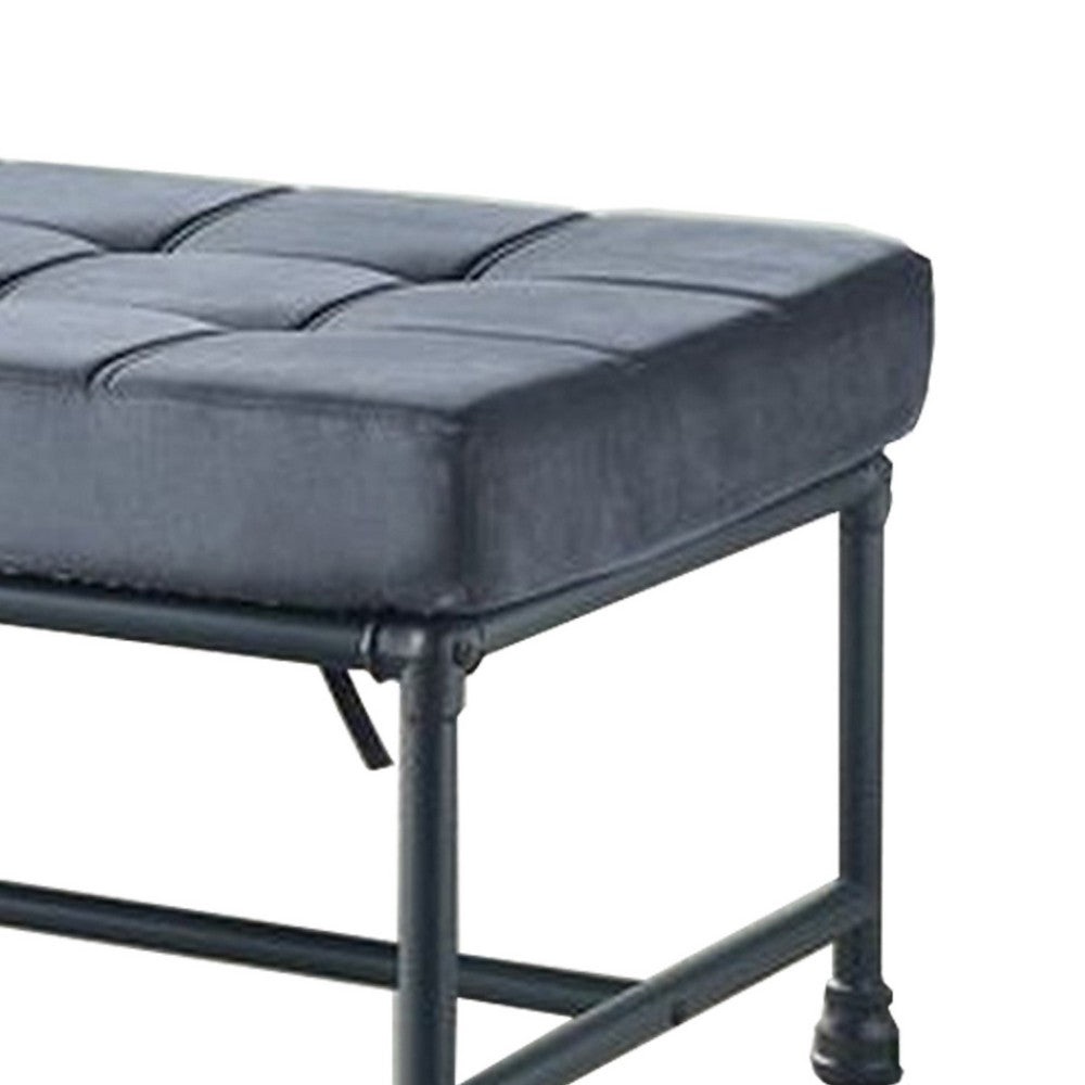 Benjara Bench with Button Tufted Seat And Pipe Style Metal Frame, Gray
