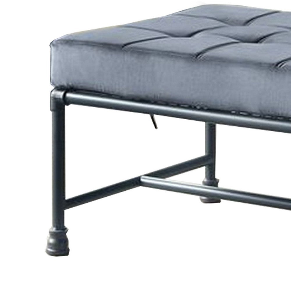 Benjara Bench with Button Tufted Seat And Pipe Style Metal Frame, Gray