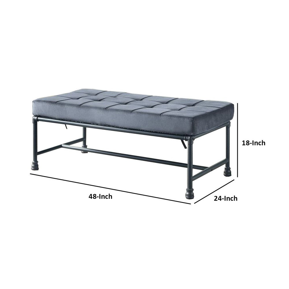 Benjara Bench with Button Tufted Seat And Pipe Style Metal Frame, Gray