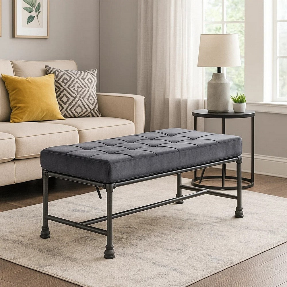 Benjara Bench with Button Tufted Seat And Pipe Style Metal Frame, Gray