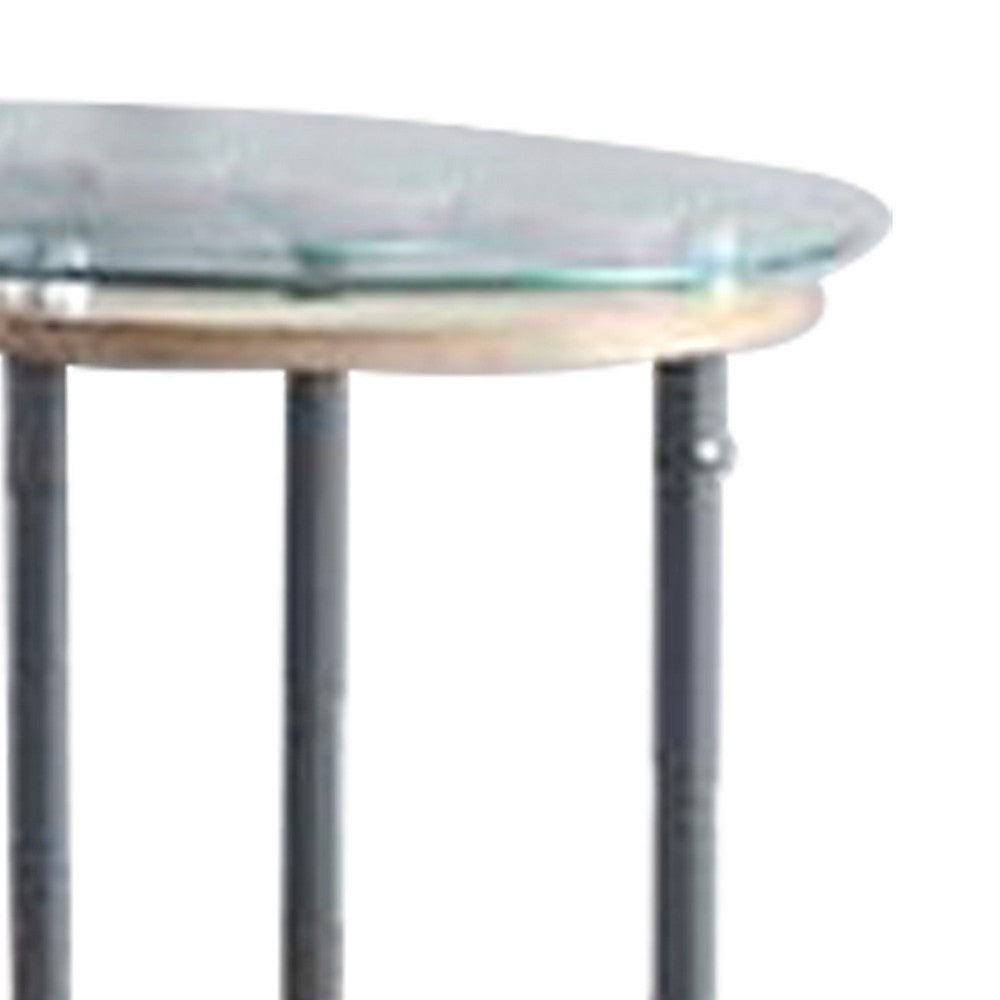 Benjara End Table with Round Glass Top And Metal Pipe Style Legs, Gray
