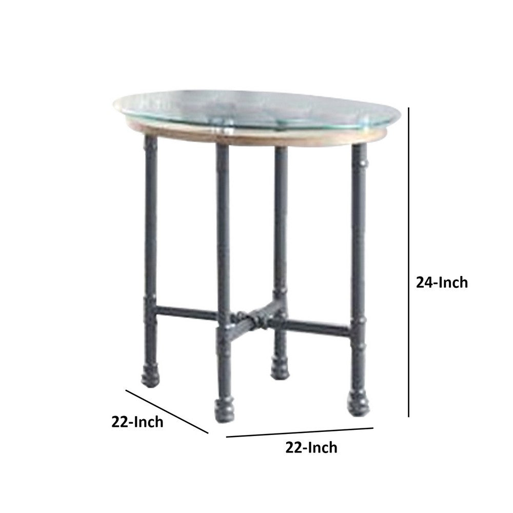 Benjara End Table with Round Glass Top And Metal Pipe Style Legs, Gray
