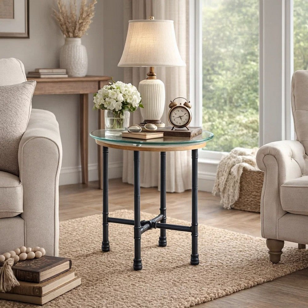 Benjara End Table with Round Glass Top And Metal Pipe Style Legs, Gray