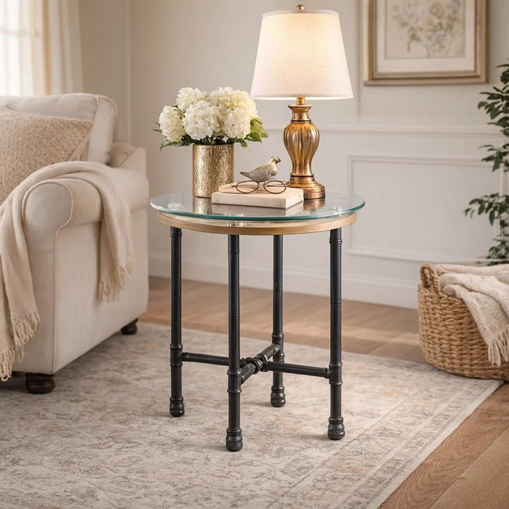 Benjara End Table with Round Glass Top And Metal Pipe Style Legs, Gray