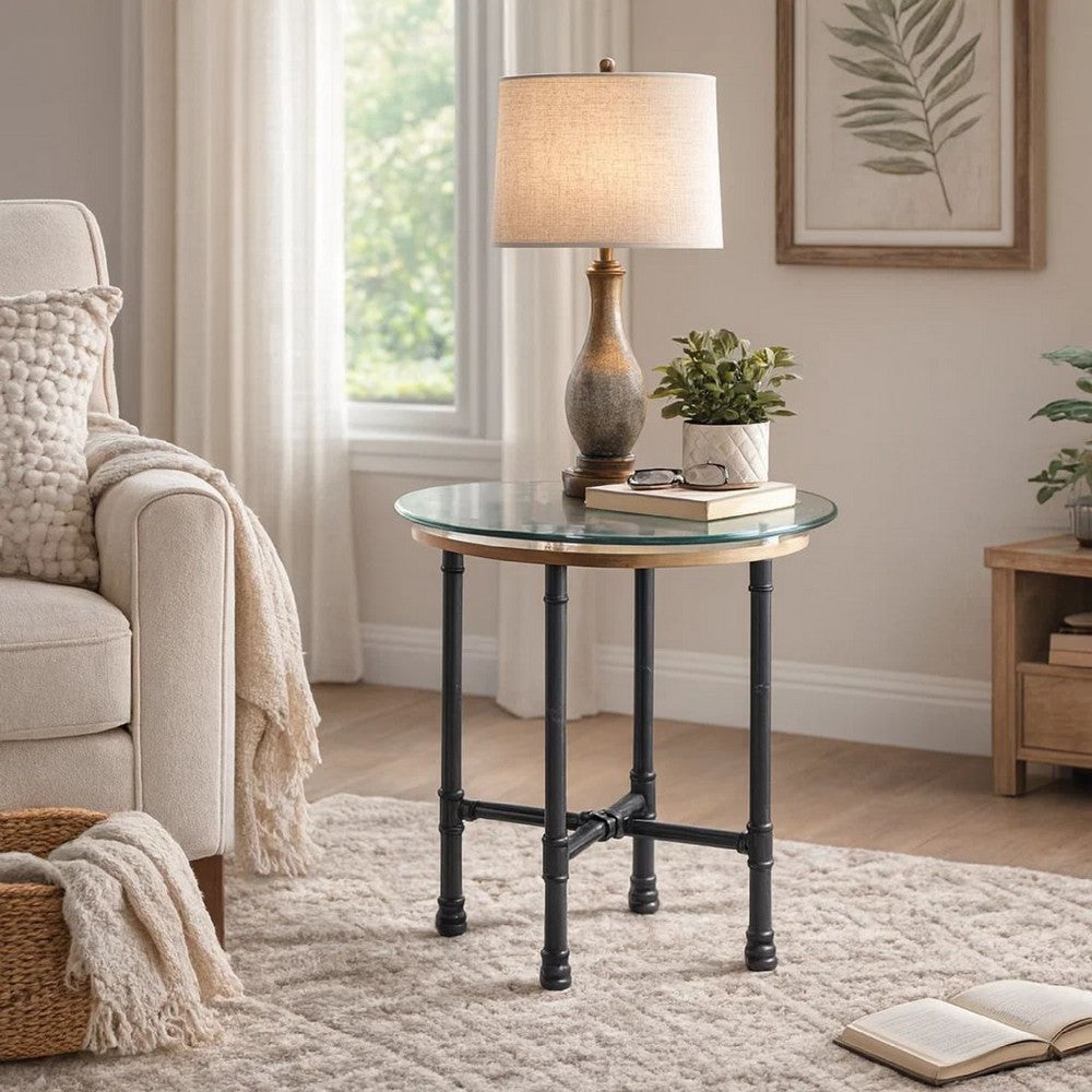 Benjara End Table with Round Glass Top And Metal Pipe Style Legs, Gray