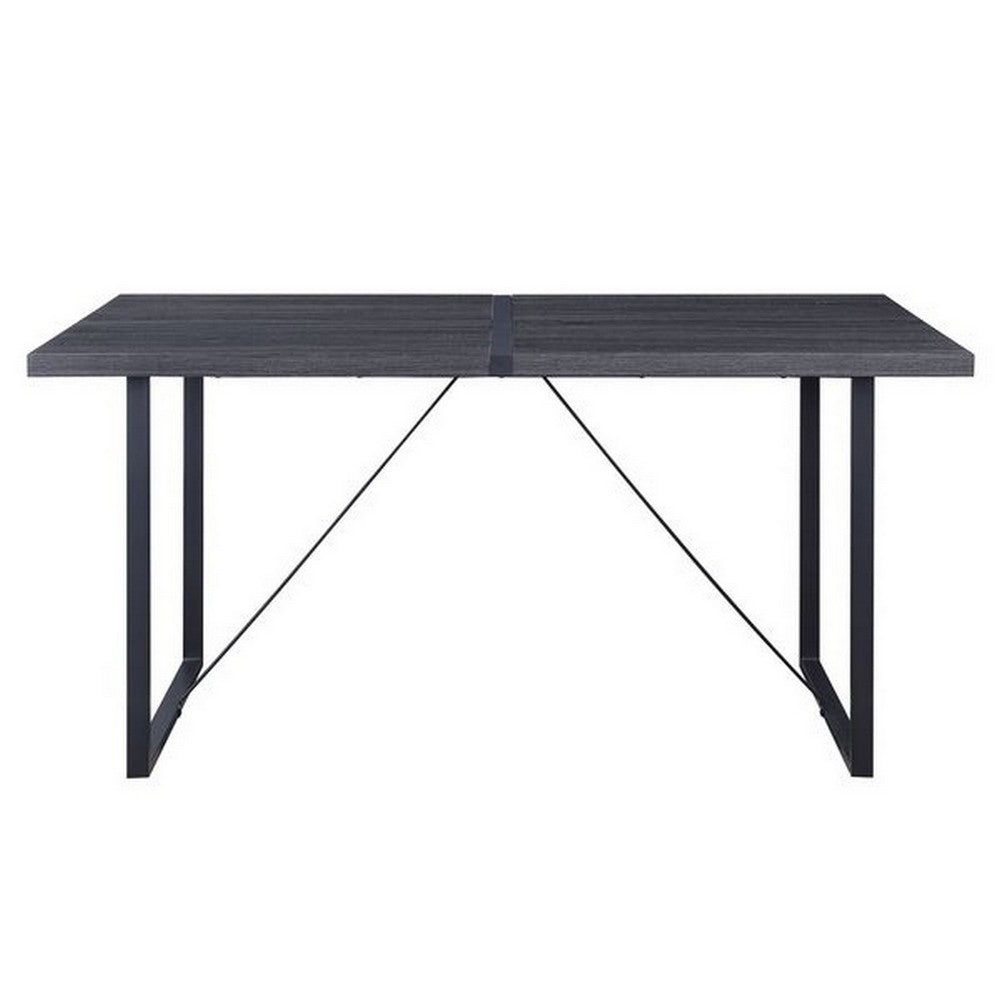 Benjara Dining Table with Rectangular Metal Inserted Top And Sled Base, Gray