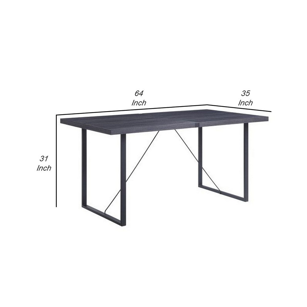 Benjara Dining Table with Rectangular Metal Inserted Top And Sled Base, Gray