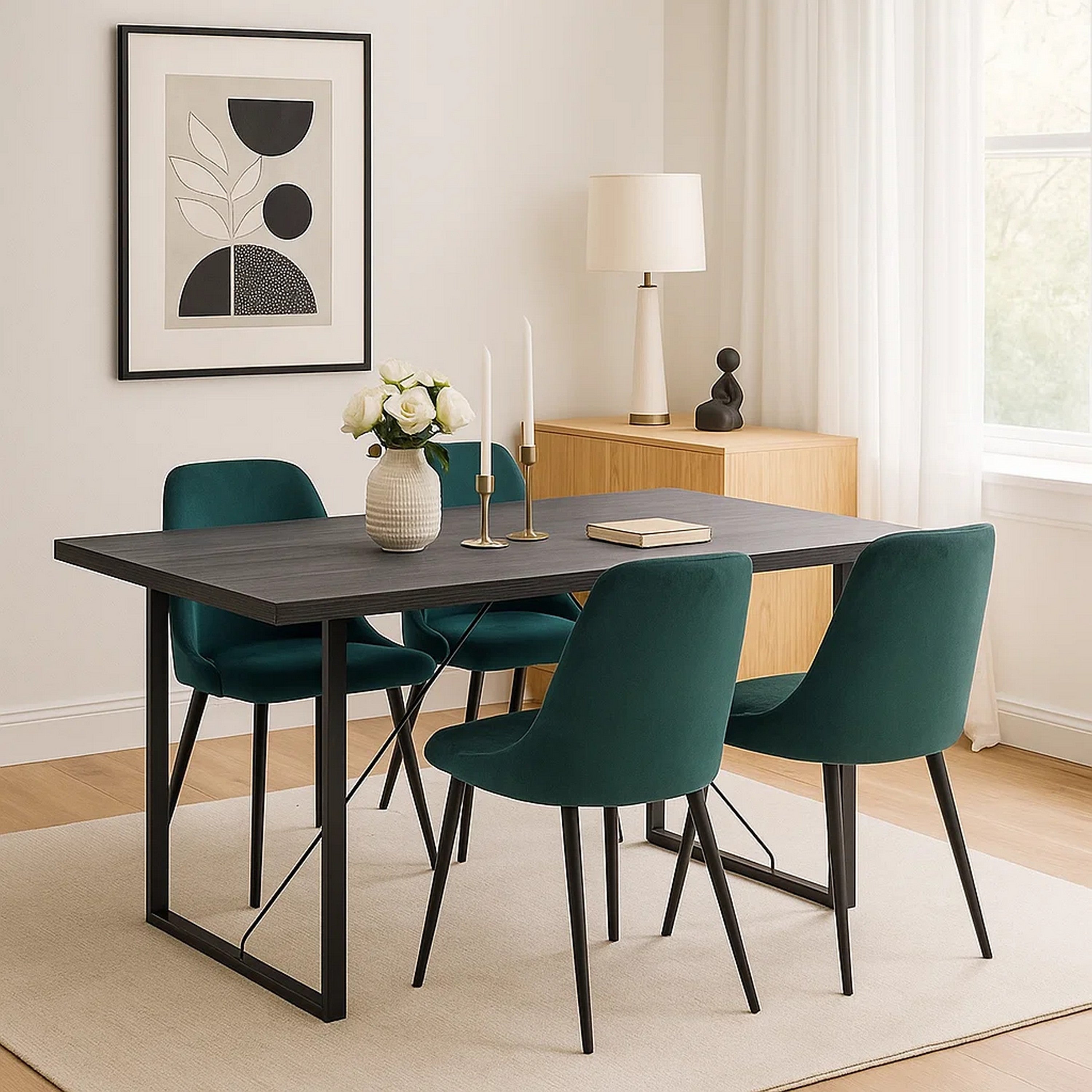 Benjara Dining Table with Rectangular Metal Inserted Top And Sled Base, Gray