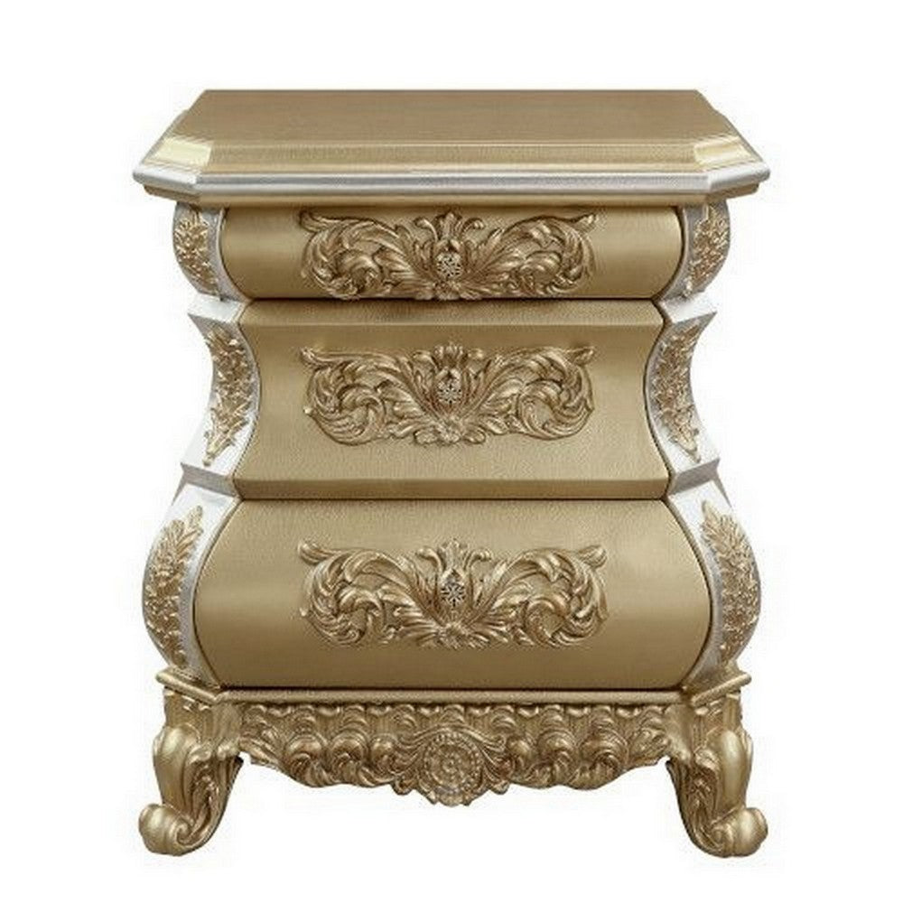 Benjara Nightstand with Bombe Shaped And 3 Carved Drawers, Gold