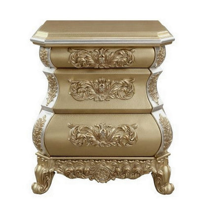Benjara Nightstand with Bombe Shaped And 3 Carved Drawers, Gold