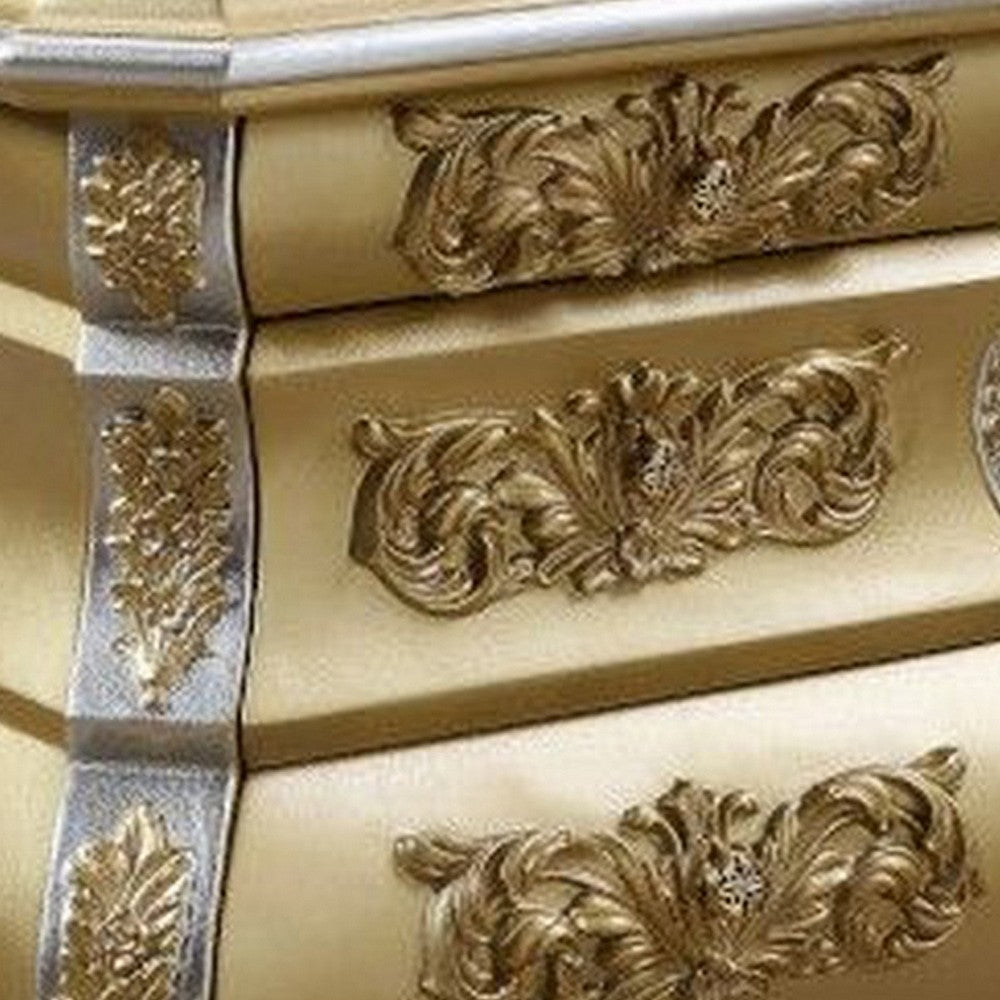 Benjara Nightstand with Bombe Shaped And 3 Carved Drawers, Gold