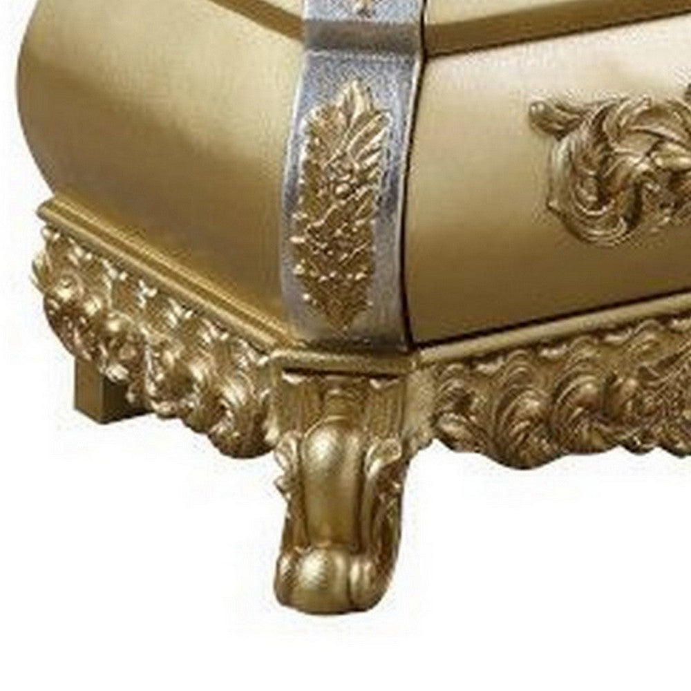 Benjara Nightstand with Bombe Shaped And 3 Carved Drawers, Gold