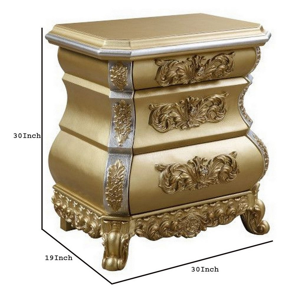 Benjara Nightstand with Bombe Shaped And 3 Carved Drawers, Gold