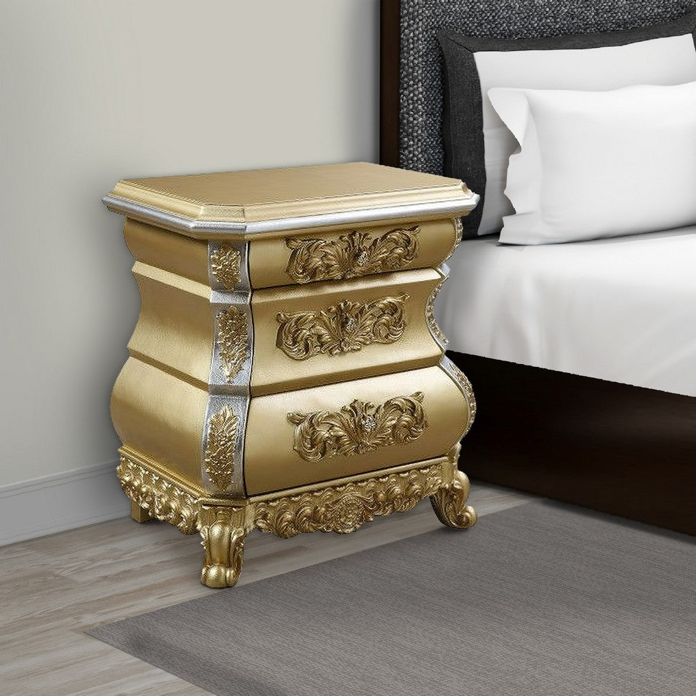 Benjara Nightstand with Bombe Shaped And 3 Carved Drawers, Gold