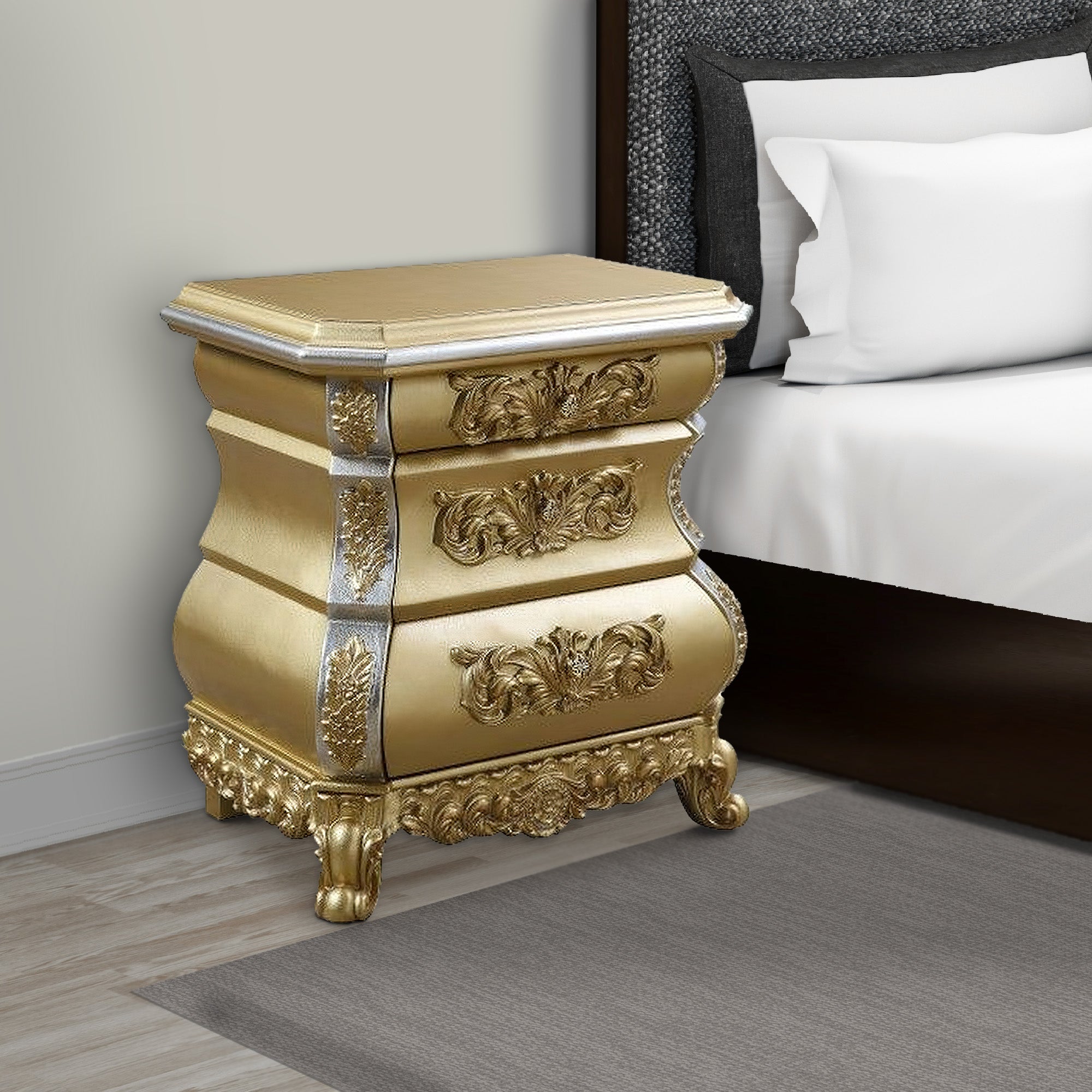 Benjara Nightstand with Bombe Shaped And 3 Carved Drawers, Gold
