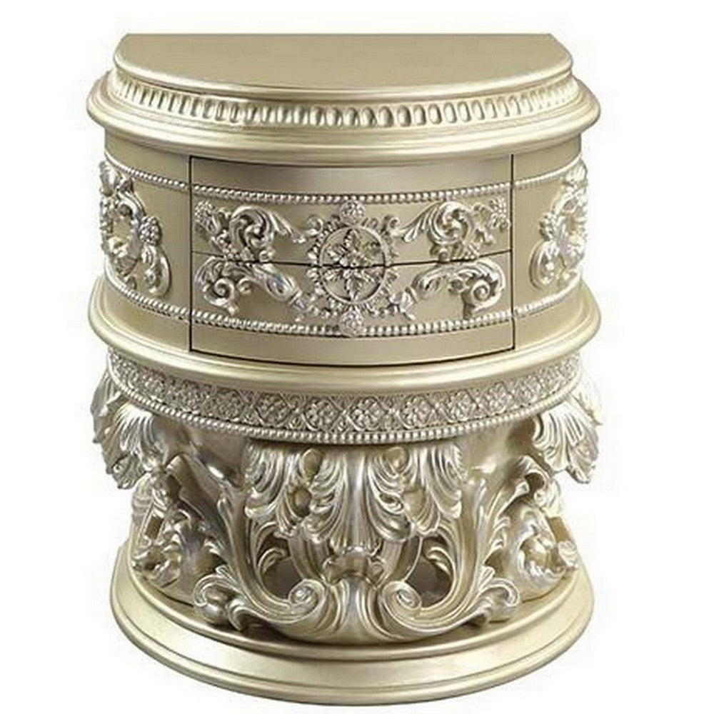 Benjara Nightstand with Scrolled Carvings And Half Moon Shape, Champagne Silver