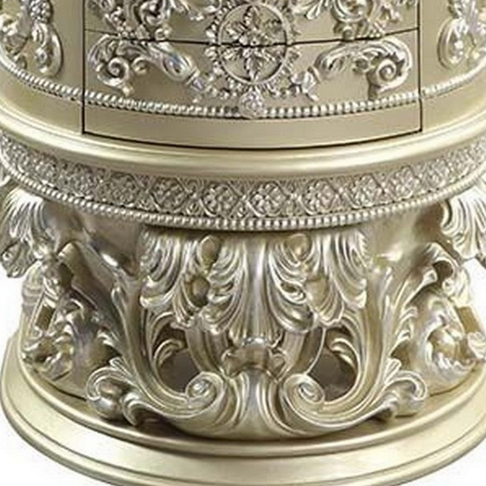 Benjara Nightstand with Scrolled Carvings And Half Moon Shape, Champagne Silver