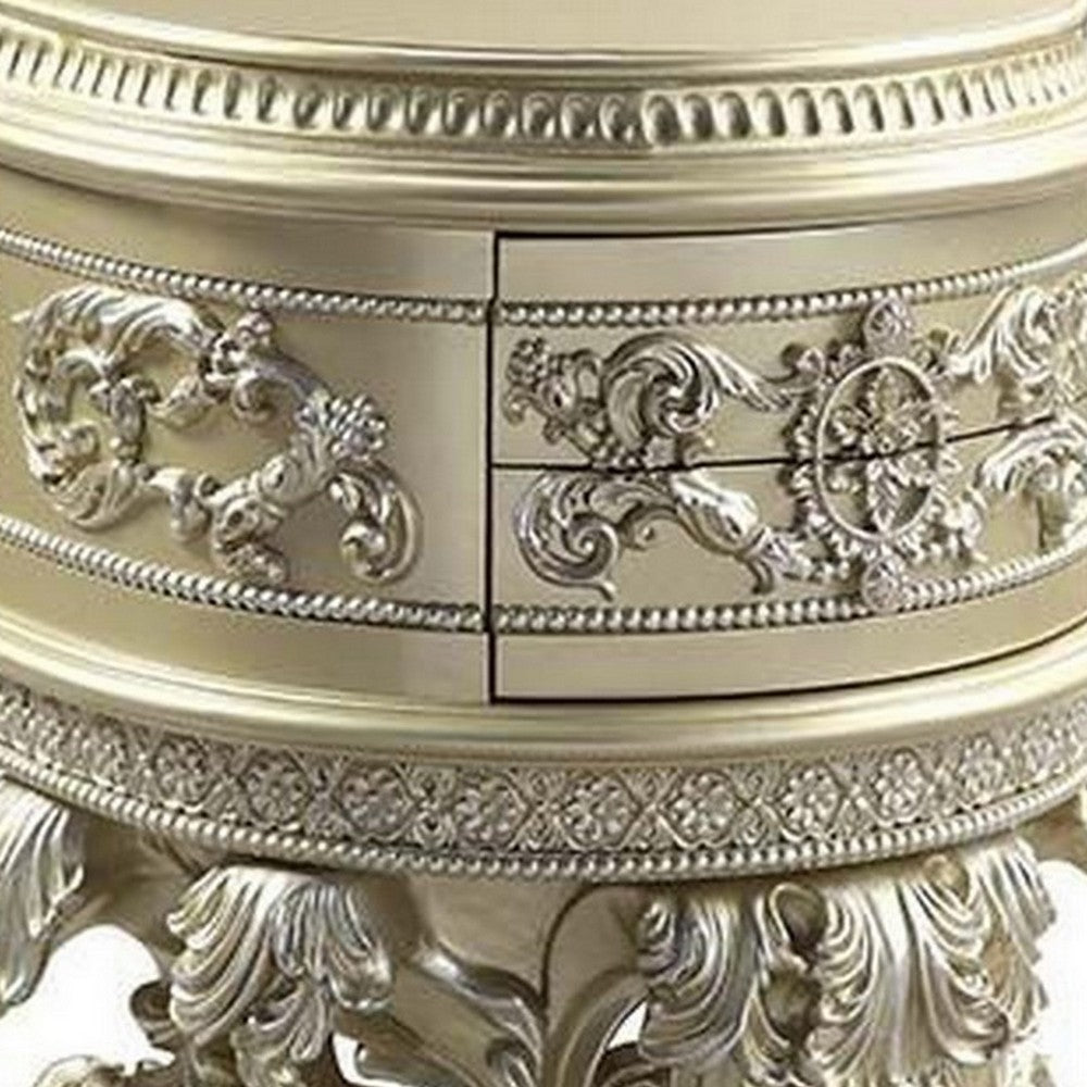 Benjara Nightstand with Scrolled Carvings And Half Moon Shape, Champagne Silver