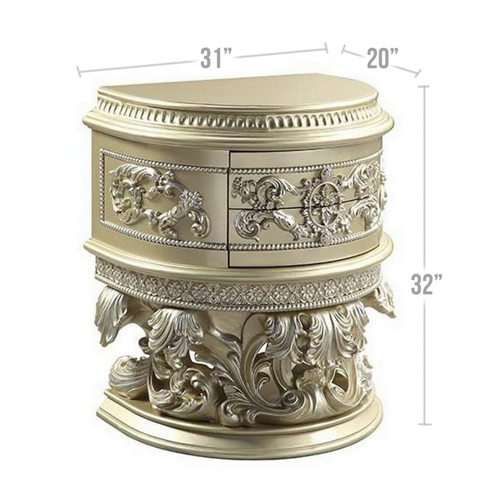 Benjara Nightstand with Scrolled Carvings And Half Moon Shape, Champagne Silver