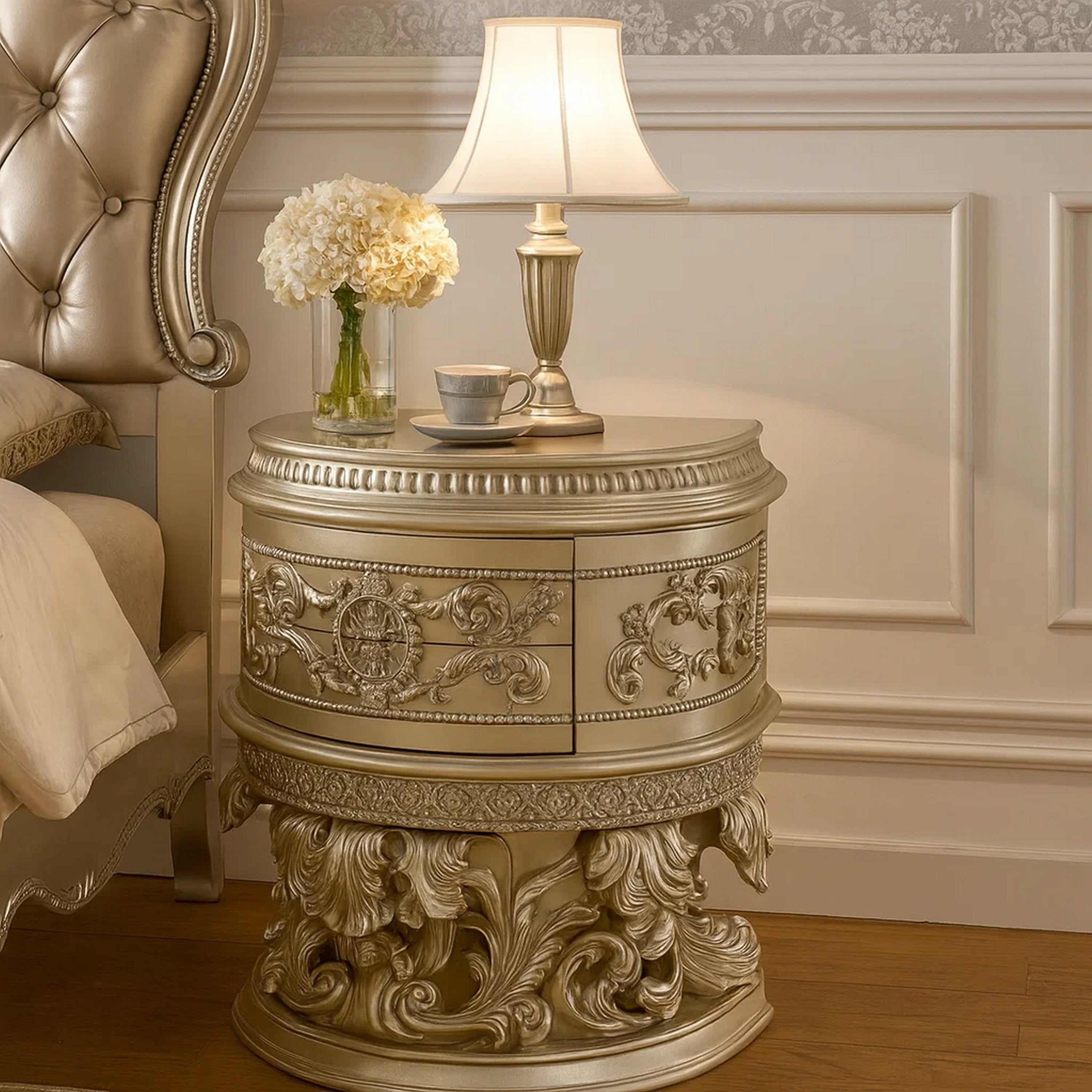 Benjara Nightstand with Scrolled Carvings And Half Moon Shape, Champagne Silver